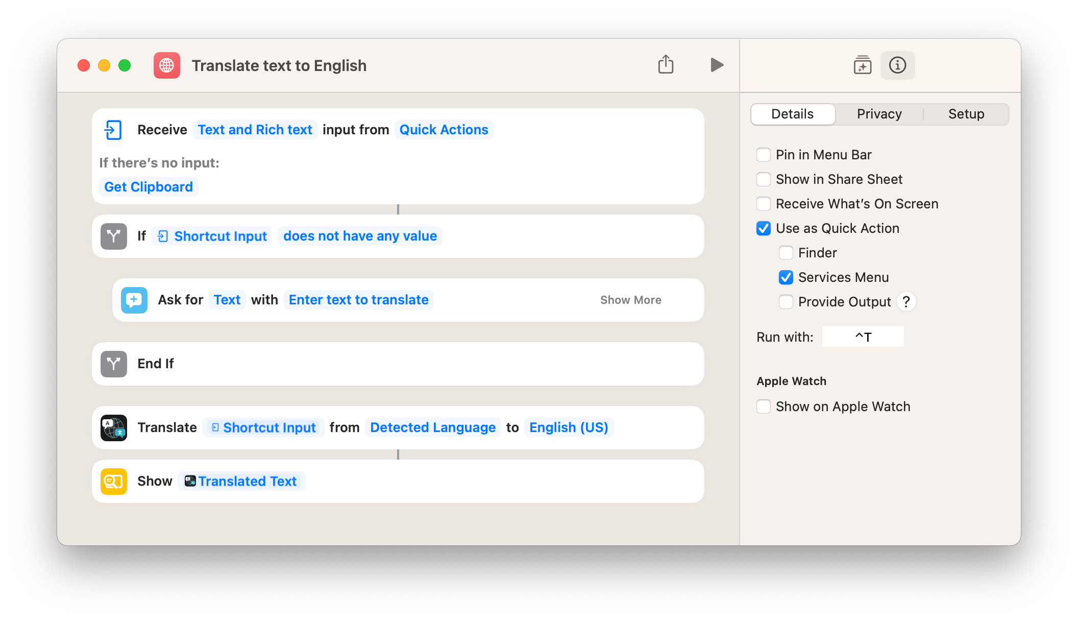 Customizing the translation shortcut ([download it here](https://www.icloud.com/shortcuts/ab79ad92a7c146a59459be6adb010924))