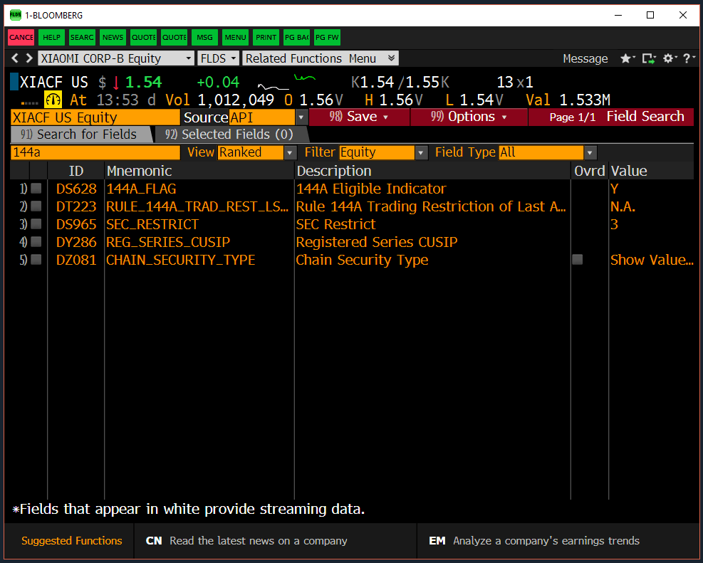 Bloomberg Terminal `FLDS` function showing the `144a_flag` value for `XIACF`.